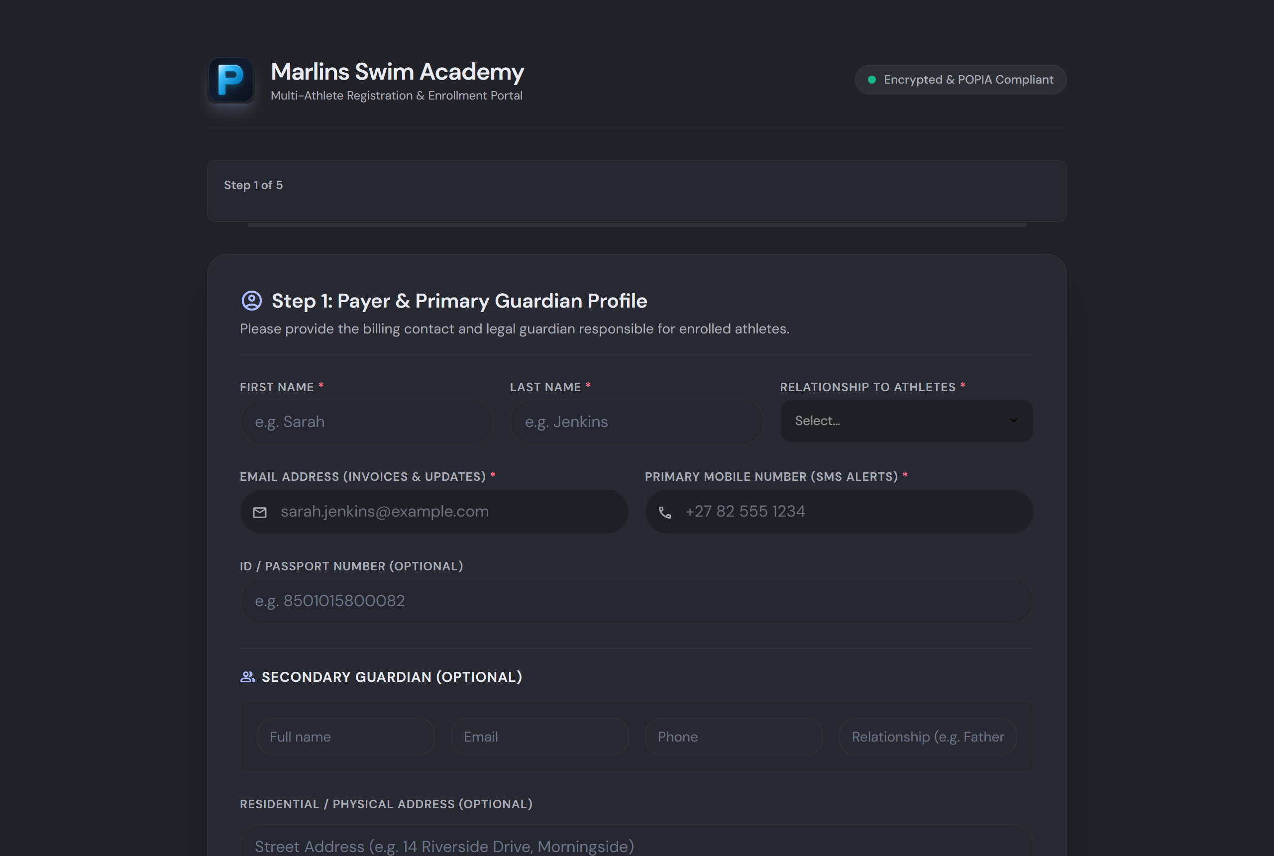 Enrollment wizard step 1: guardian details form on the Marlins Swim Academy portal