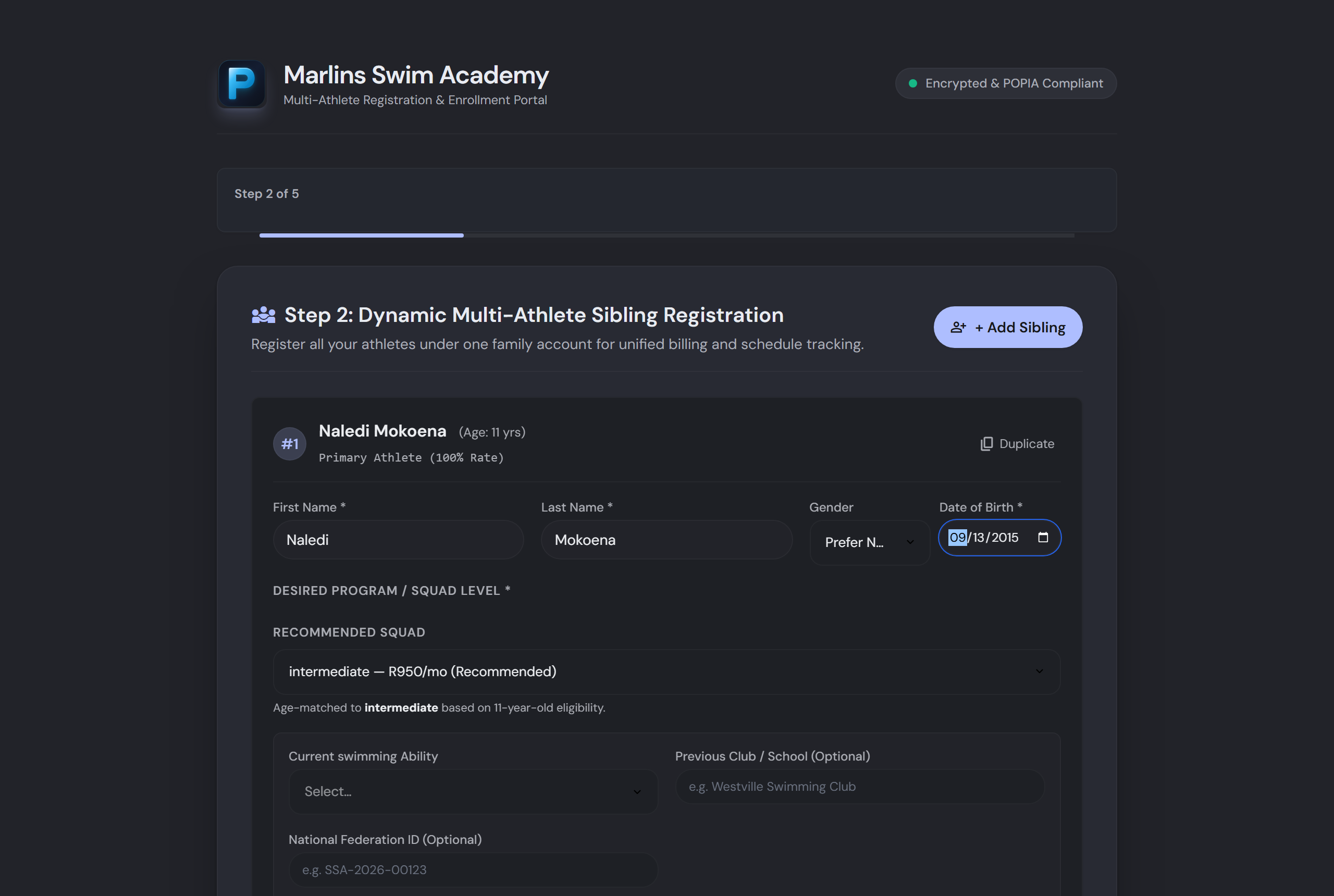 Enrollment wizard step 2: athlete profile with squad recommendation