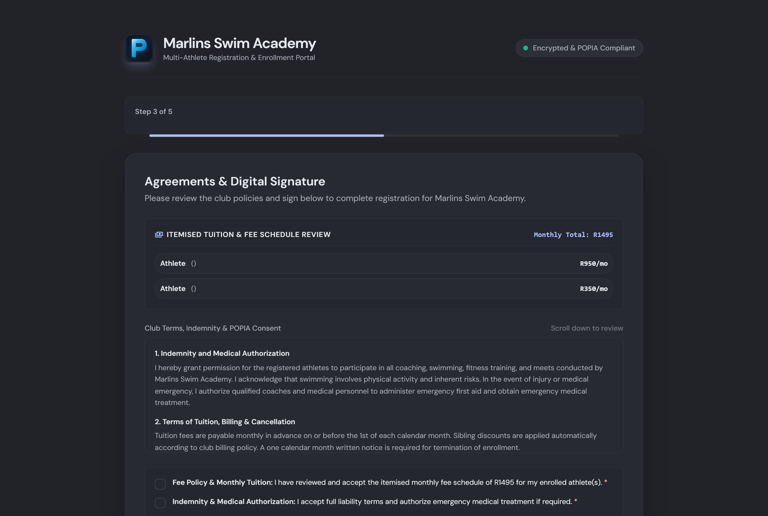 Enrollment wizard step 3: agreements and digital signature