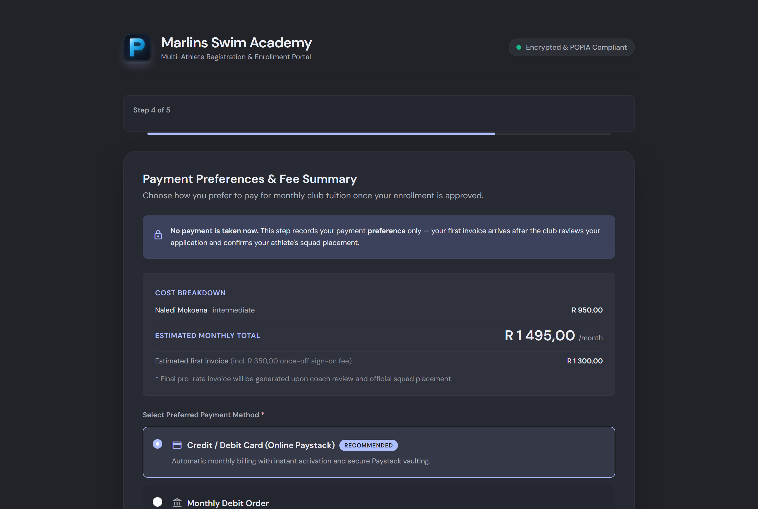 Enrollment wizard step 4: payment preferences with cost breakdown and the notice that no payment is taken now